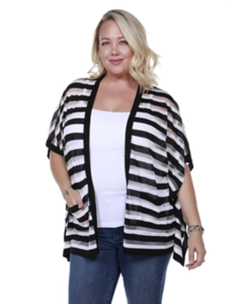 Front of a model wearing a size 1X Sheer Striped Cardigan in BLACK/WHITE by Belldini Black Label. | dia_product_style_image_id:245872